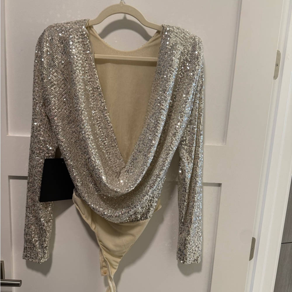 Lulu's Shimmering Love Silver Sequin Cowl Back Bodysuit - Picture 4 of 5